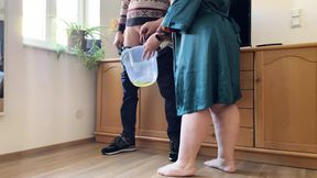 Dear mother-in-law takes off her panties and pees with her legs wide open in a bucket next to her son-in-law