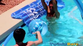Twinks fool around in the pool before bareback orgy