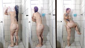 curious goddess - taking a shower, showing the soles of her feet, her small breasts, her hairy pussy and big ass