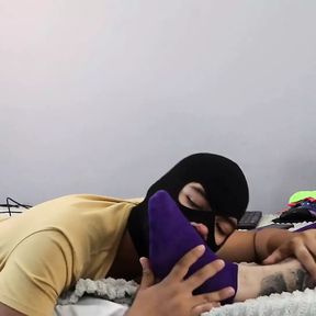 Bitch Sucks His Master&#039;s Feet She Likes Purple Socks