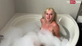 Innocent teen Ally03 gets her first taste of cock during a bubble bath