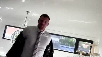 Naughty gentleman gets his hard prick sucked inside the office