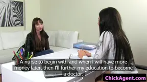 Female les casting agent straponfucking babe