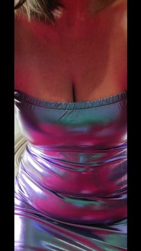 Sexy Purple-Blue Metallic Latex Dress Masturbation