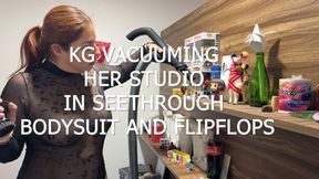 KG VACUUMING HER STUDIO IN SEETHROUGH BODYSUIT AND FLIPFLOPS