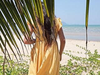 No Brassiere No Pants on Publilc Beach # Red Ass Plug below Yellow costume