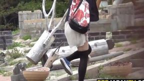 ASian teen exposes herself outside