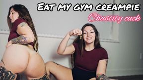 Chastity cuck eats gym bro's creampie