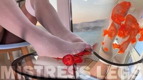 My Nylon Feet Squeezing Strawberry Juice On A Glass Table (MP4 HD)