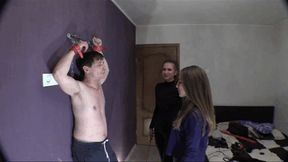 Clip 12-21 We tied the slave, spanking is the best entertainment for us The slave groans and we spit in his face!