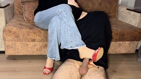 Total foot domination, she toys with His Mind & Cock Beneath Her Soles