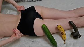 Bitchy wife is ready to be penetrated by a huge cucumber