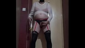 crossdressing sissy drinks his piss and cum together