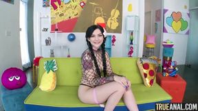Brunette with a big booty enjoys a thick cock and swallows every drop of cum.