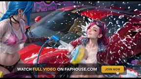 Jinx and Vi Washing the Red Ferrari Wet and Soapy