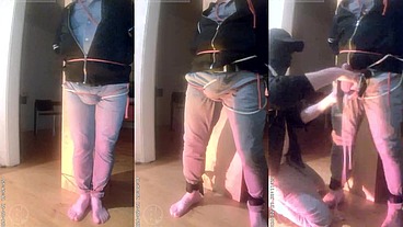 pee desperation: tied up by his flatmate, this guy tries to resist while his cock and balls are played with. He gets a boner and finally wets himself