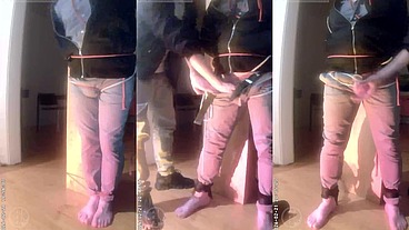 pee desperation: tied up by his flatmate, this guy tries to resist while his cock and balls are played with. He gets a boner and finally wets himself