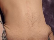 Hairy tattooed stud borrowing his roommate cum covered giant dildo.