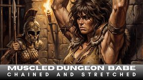 A Captured muscled warrior woman is held in a dark dungeon where her body is stretched as she is interrogated in BDSM bondage by her captor