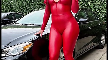 Hijab arab shemale futa in red latex with beautiful body, gets anal fucked and cums hard. (AI Generated)