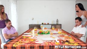 MILFs Lolly Dames and Sandy Love swap stepsons for Thanksgiving orgy