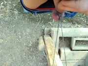 Farmer twink ties his balls , stretches tight balls and jerks off