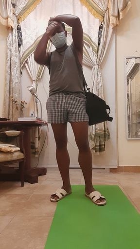 Gay men sexy gym at home with wear thong.