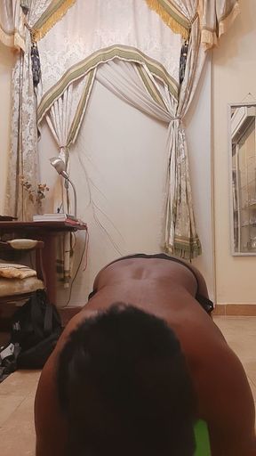 Gay men sexy gym at home with wear thong.
