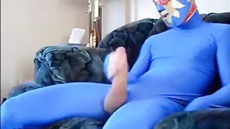 Mystery Man in Blue Zentai Suit Strokes His Big Cock