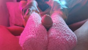Pink Fluffy Sockjob Ends with Cum on Socks