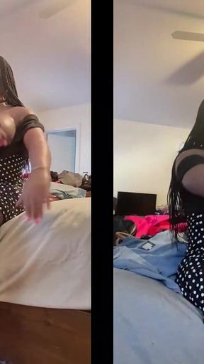 Black Babe Danae in a Short Polka Dot Dress Fucking Her Dildo