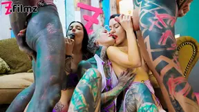 Three sultry alt ladies share two eager cocks