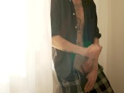 Tattooed guy strokes his huge dick after college class | load moaning and cumshot
