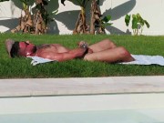 Muscle Jock Almost Gets Caught Stroking His Big Cock By the Pool Outside Naked