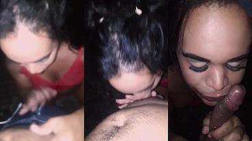 BlowjobqueenTs - Travesti gostosa de lingerie vermelha mamando o novinho na linha do trem