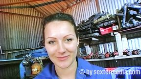 Hottest garage strip with busty MILF and sexy red dress