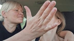 Face slapping and hand fetish sitting in the car 3FD