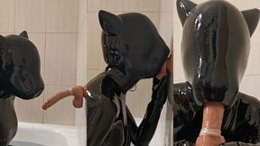 Furrjoi doggy hood dildo deepthroat and fleshlight fuck in latex catsuit