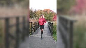 Red Leather Jacket & Black Leather Boots: Big Natural Tits in the Park