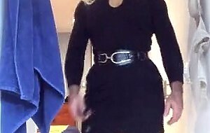 Brigitte's Black dress (trans, crossdress, mask, female mask, fetish, blonde, pantyhose, high heels)