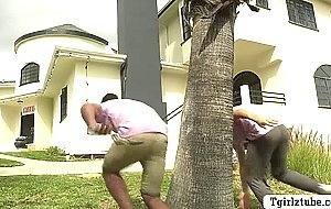 Curly trans babe lets her thief fratmate bareback her wet ass