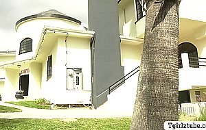 Curly trans babe lets her thief fratmate bareback her wet ass
