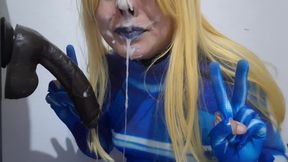 Cute Samus Femboy with BDSM Nosehook Giving a Sloppy Blowjob to BBC Dildo, Deepthroat, Facial Fuck and Eating Semen