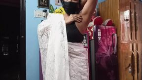 Horny Indian Aunty with Big Tits Changes Saree and Plays with Hairy Pussy, Mature Mom Fantasy.
