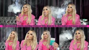 Goth bombshell Barbie smoking Newport 100s close up in pink leather and heavy makeup!