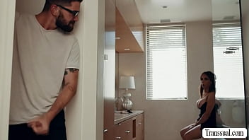 Horny shemale caught her pervert stepson watching her in the bathroom.Instead of getting mad,she lets him bareback her wet ass so hard.