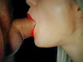 Gentle blowjob with red lipstick and double cum in mouth