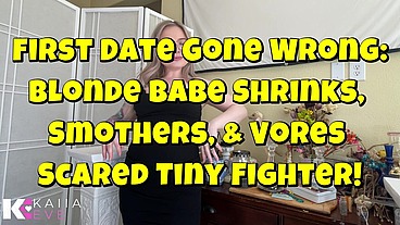 First Date Gone Wrong: Blonde Babe Shrinks, Squishes, & Vores Scared Tiny Fighter!