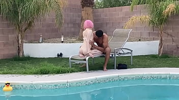 Tiny Trans Cutie Claire Gemini Sucks Huge Cock by the Pool