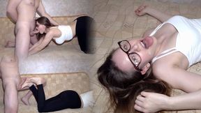 Sexy Step Sister in Tight Black Jeans Gives Sensual Blowjob, Rimjob and Gentle Footjob